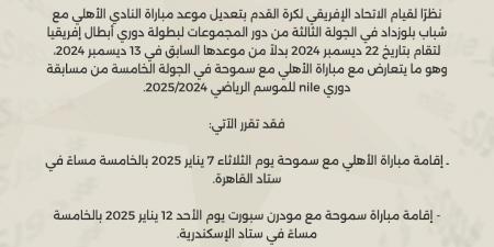 بسبب دوري أبطال إفريقيا.. رابطة الأندية تعلن تعديل موعد مباراة الأهلي أمام سموحة في الدوري - جورنالك